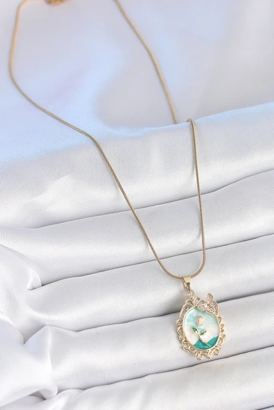 Gold Renk Zincir Mavi Mineli Çiçek İşlemeli Zirkon Taş Detaylı Portre Model Kadın Kolye - EBJ250519W33968 - Resim 2