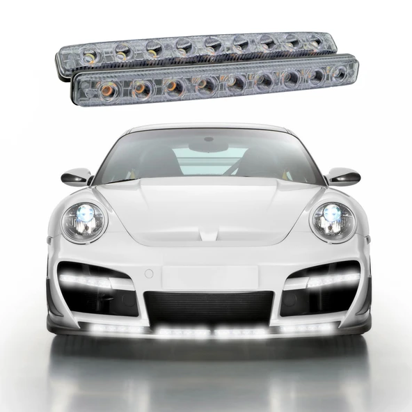 Mega Oto Market 12V 9 Ledli 36W Beyaz Gündüz Ledi - Sarı Sinyalli IP4 Metal Kasa