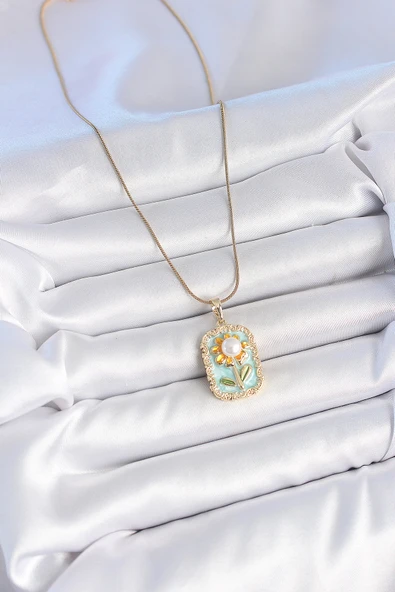 Gold Renk Zincir Mavi Mineli İncili Papatya İşlemeli Portre Model Kadın Kolye - EBJ250519W33984 - Resim 2