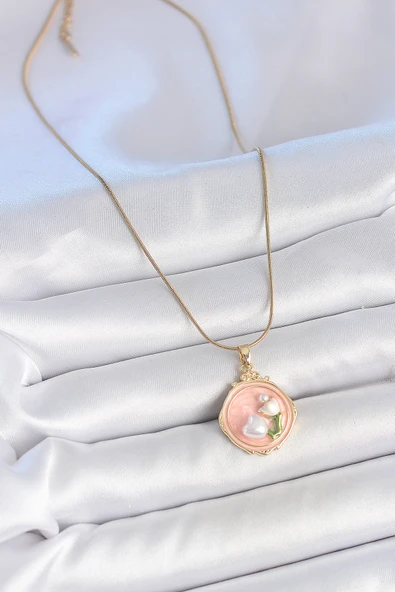 Gold Renk Zincir Pembe Mineli İncili Çiçek İşlemeli Portre Model Kadın Kolye - EBJ250519W33936 - Resim 2
