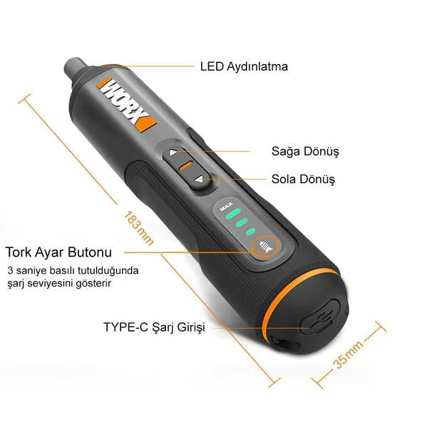 WORX WX240 4Volt/1.5Ah. Li-ion Akıllı Şarjlı Tornavida + 26 adet Bits Uç - 8