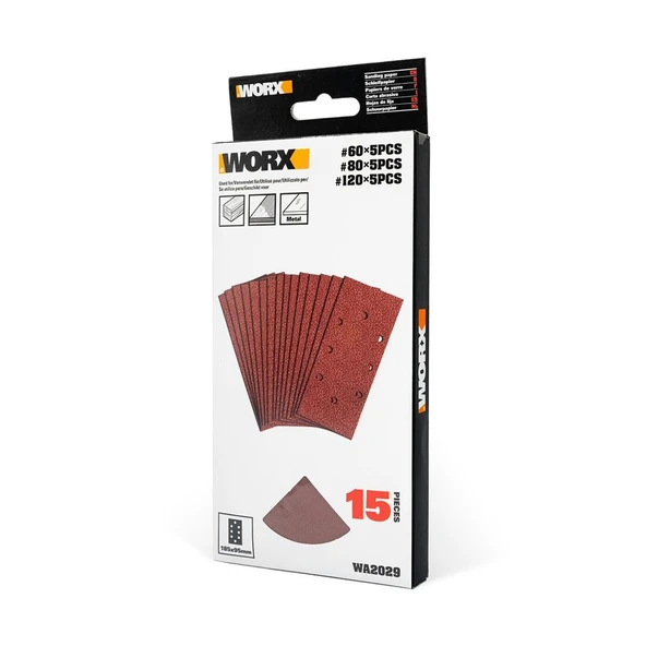 WORX WA2029 185x95mm 60, 80, 120 Kum, 15 Adet Cırtlı Universal Zımpara Kâğıdı Seti - 6