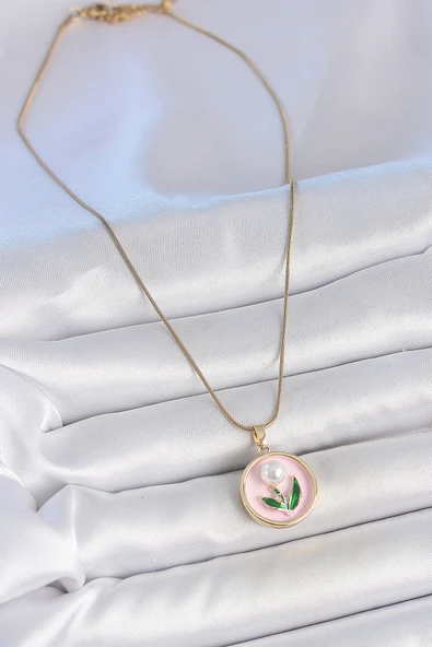 Gold Renk Zincir Pembe Mineli İncili Çiçek İşlemeli Portre Model Kadın Kolye - EBJ250519W33954 - Resim 2