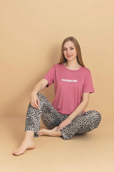 Pijamerry Kadın Bisiklet Yaka MİLAN Kumaş Likralı Kısa Kollu Pijama Takımı 6003 - 1 Adet  2XL Pembe