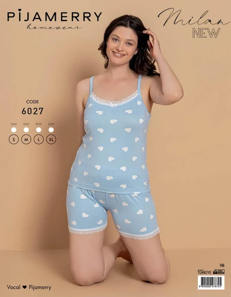 Pijamerry Kadın İp Askılı MİLAN Kumaş Likralı Şortlu Pijama Takımı 6027 - 1 Adet  M Mavi - Resim 2