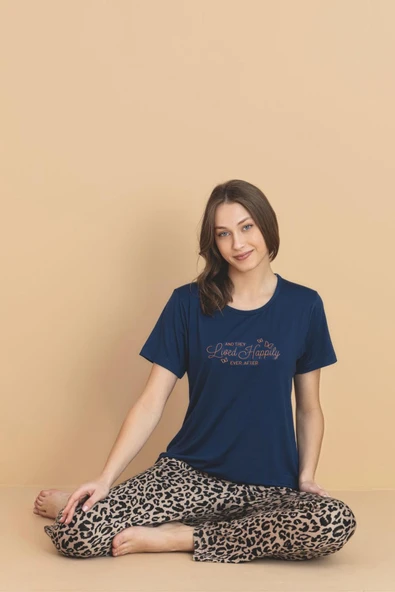 Pijamerry Kadın Bisiklet Yaka MİLAN Kumaş Likralı Kısa Kollu Pijama Takımı 5944 - 1 Adet  XL Lacivert