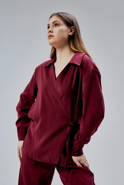 Bordo Regular Bağlama Detaylı Gömlek