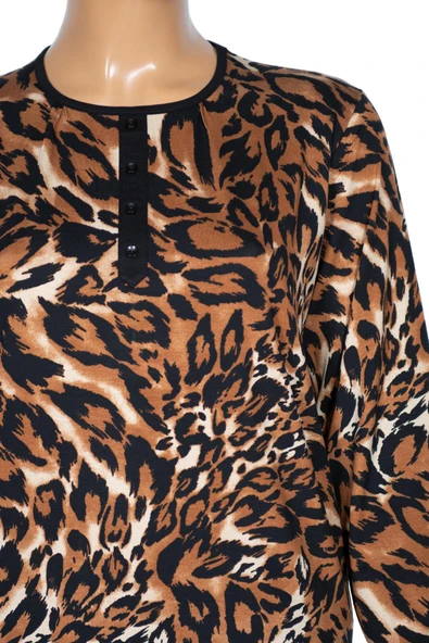 Cimariva Kadın Vera Büyük Beden O Yaka Koton Penye Siyah Leopar Bluz - 2