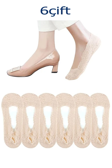 6 Çift Dantel Desenli Kaymaz Silikonlu Kadın Babet Çorap Seti - 8