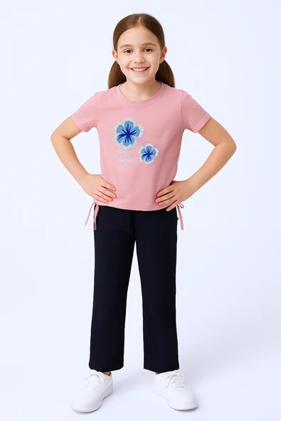 KIZ ÇOCUK YAZLIK İKİLİ TAKIM ÇİÇEK BASKILI E35 - Resim 4