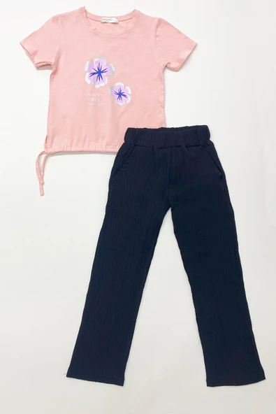 KIZ ÇOCUK YAZLIK İKİLİ TAKIM ÇİÇEK BASKILI E35 - Resim 5