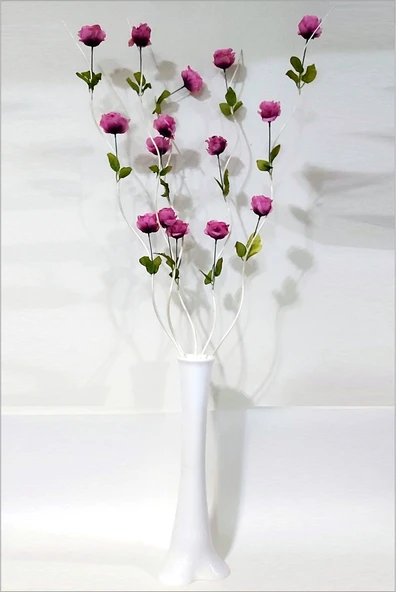 En Uzun 160 cm Pembe Güllü 6 Dalgalı Dal 60 cm İnce Belli Konik Filayağı Geniş Taban Düz Beyaz Vazo