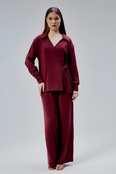 Bordo Salaş Kesim Geniş Paça Pantolon - 6