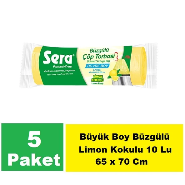 Sera Çöp Torbası Büzgülü Limon Kokulu Büyük  Boy 10 Lu 65 x 70 Cm x 5 Paket