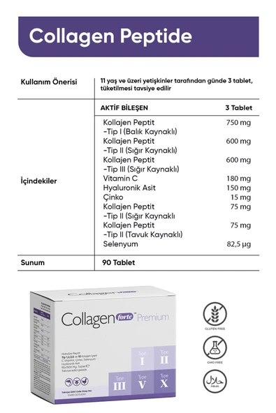 Collagen Forte Platinum Premium 5 Tip Kolajen, Hyalüronik Asit, Çinko, Selenyum & Vitamin C, 90 Tablet