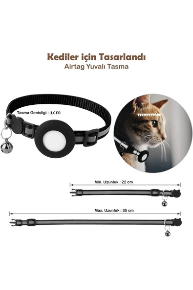 Takip Cihazı ve Airtag Yuvalı Kedi Tasması 2'li Set Ios Uyumlu Boyun Tasması GPS  SİYAH - 4