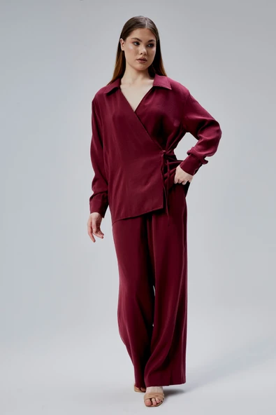 Bordo Salaş Kesim Geniş Paça Pantolon - 7