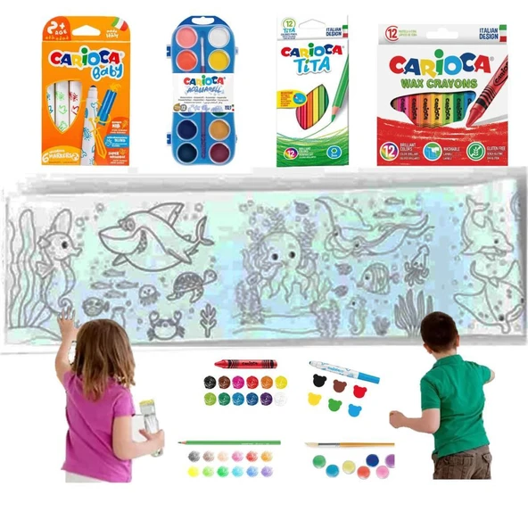 Carioca 4'lü Boyama Seti + Lino Yapışkanlı Boyama Kağıdı 86x20 cm Sea World