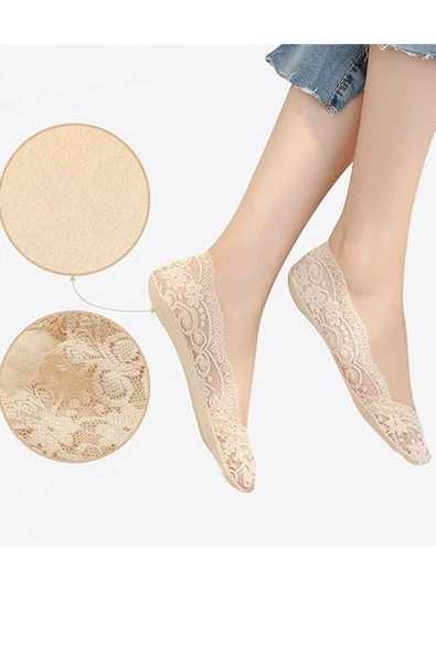 6 Çift Dantel Desenli Kaymaz Silikonlu Kadın Babet Çorap Seti - 9