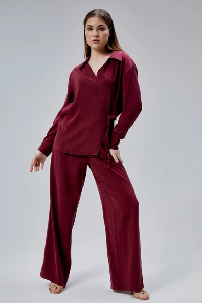 Bordo Salaş Kesim Geniş Paça Pantolon - 2
