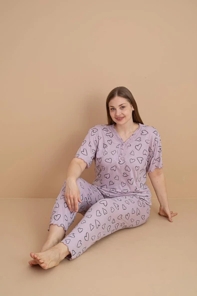 Pijamerry Kadın Büyük Beden Dantel Yaka Bambu Kısa Kol İnce Pijama Takımı 5901 - 1 Adet  5XL Lila