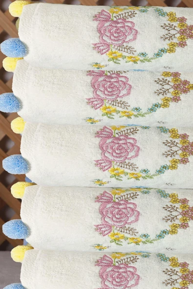 Çeyizlik 6'lı Renkli Ponponlu Çiçek Nakışlı El Yüz Havlusu Seti 50x90 cm - 2
