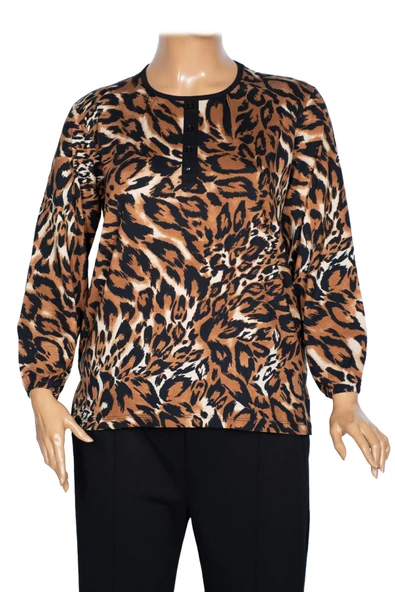 Cimariva Kadın Vera Büyük Beden O Yaka Koton Penye Siyah Leopar Bluz