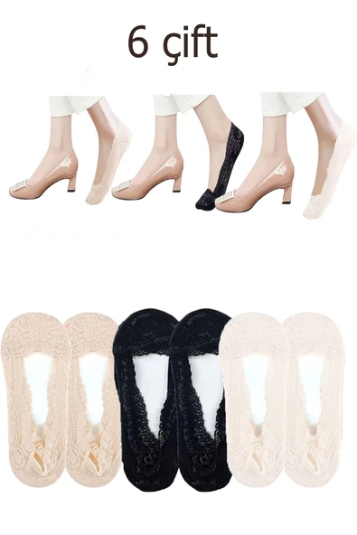 6 Çift Dantel Desenli Kaymaz Silikonlu Kadın Babet Çorap Seti - 11