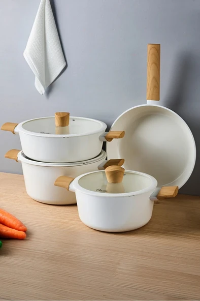 Danish Cook Beige İndüksiyon Tabanlı 7 Parça Tencere Seti Ahşap Saplı 1302 - 7