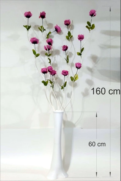 En Uzun 160 cm Pembe Güllü 6 Dalgalı Dal 60 cm İnce Belli Konik Filayağı Geniş Taban Düz Beyaz Vazo - 2