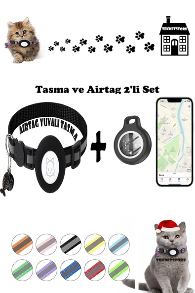 Takip Cihazı ve Airtag Yuvalı Kedi Tasması 2'li Set Ios Android Uyumlu Boyun Tasması GPS  SİYAH