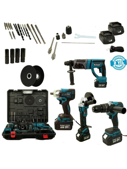Rolwal 4lü Şarjlı El Aletleri Seti 21V 4 Amper - Hilti - Avuç Taşlama - Vidalama - Somun Sıkma