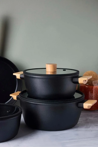 Cookwood Black 9 Parça Tencere Tava Seti Indüksiyon Tabanlı Ahşap Saplı 18080 - 2