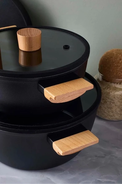Cookwood Black 9 Parça Tencere Tava Seti Indüksiyon Tabanlı Ahşap Saplı 18080 - 3