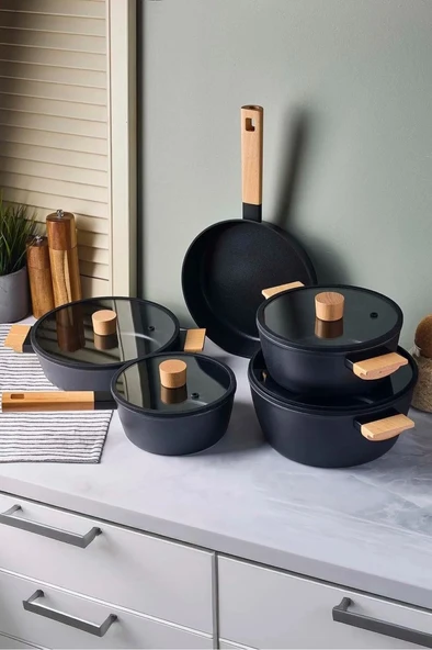Cookwood Black 9 Parça Tencere Tava Seti Indüksiyon Tabanlı Ahşap Saplı 18080 - 4