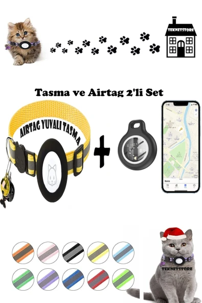 Takip Cihazı ve Airtag Yuvalı Kedi Tasması 2'li Set Ios Uyumlu Boyun Tasması GPS  SARI