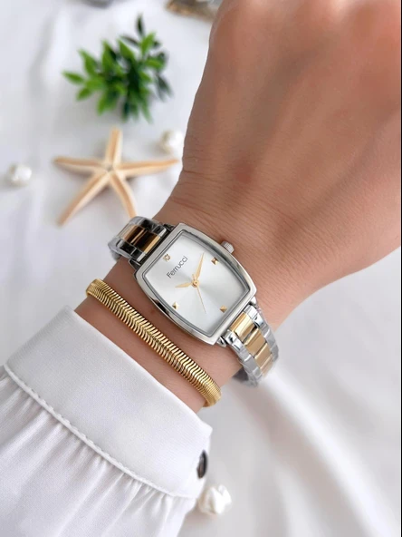 Ferrucci Kadın Kol Saati+Bileklik Özel Seri Çelik Kordon Kararma Renk Atma Yapmaz VS.BLKT.0310 - Resim 2