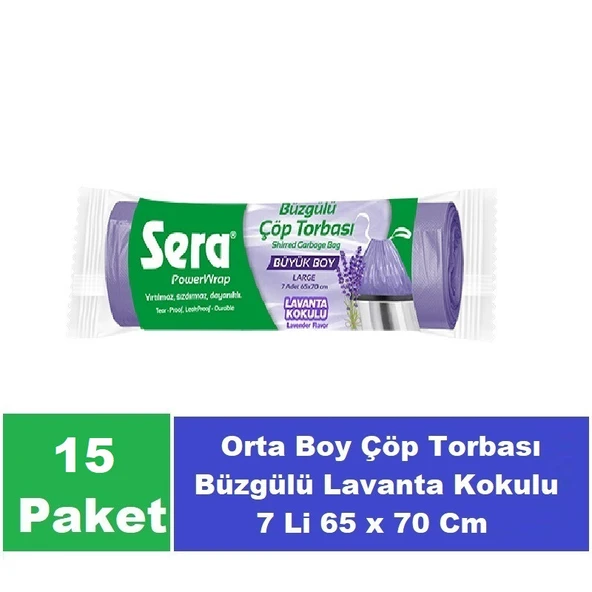 Sera Çöp Torbası Büzgülü Lavanta Kokulu Büyük Boy 7 Li 65 x 70 Cm x 15 Paket