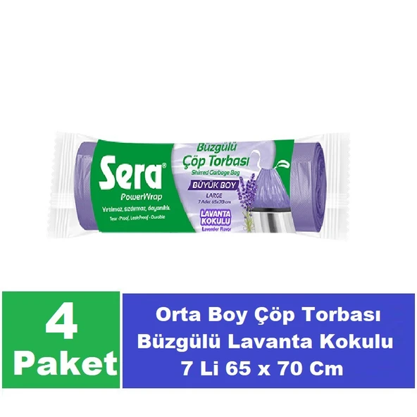 Sera Çöp Torbası Büzgülü Lavanta Kokulu Büyük Boy 7 Li 65 x 70 Cm x 4 Paket