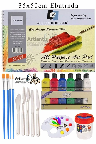 Alex Schoeller Çok Amaçlı Sanatsal Blok 35x50 200 gr 15 Yaprak Artdeco 75 ml Akrilik Boya 6 Renk Plastik Spatula Fırça