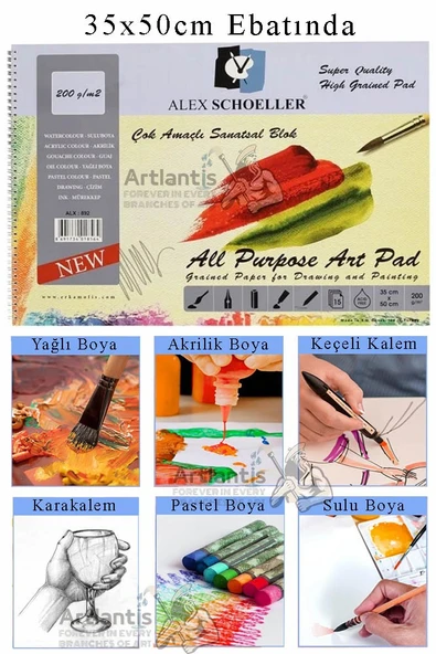 Alex Schoeller Çok Amaçlı Sanatsal Blok 35x50 200 gr 15 Yaprak Artdeco 75 ml Akrilik Boya 6 Renk Plastik Spatula Fırça - 2