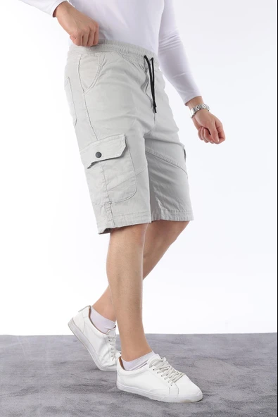 Erkek Comfort Fit Keten Bel Lastikli Cepli Kapri Şort - 5