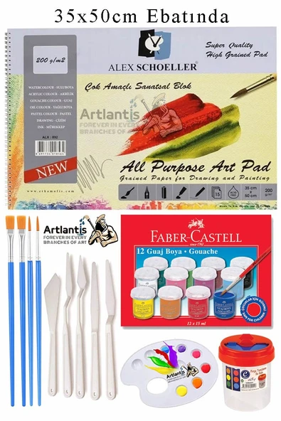 Alex Schoeller Çok Amaçlı Sanatsal Blok 35x50 200 gr 15 Yaprak Faber 12 Renk 20 ml Guaj Boya Plastik Spatula Fırça