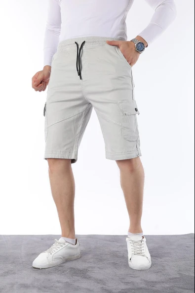 Erkek Comfort Fit Keten Bel Lastikli Cepli Kapri Şort - 6