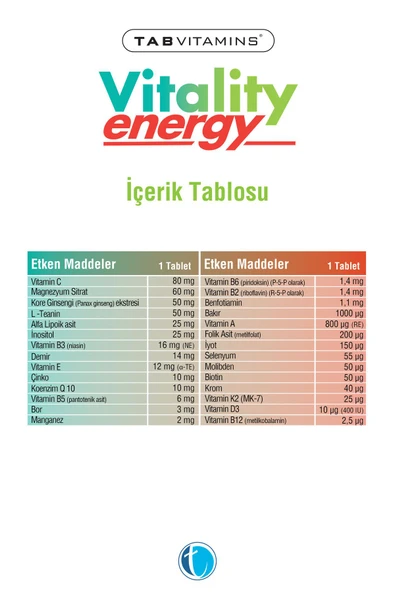 TABVITAMINS VITALITY ENERGY TABLET, MULTİVİTAMİN VE MULTİMİNERAL İÇEREN TAKVİYE EDİCİ GIDA 30 tablet - Resim 4