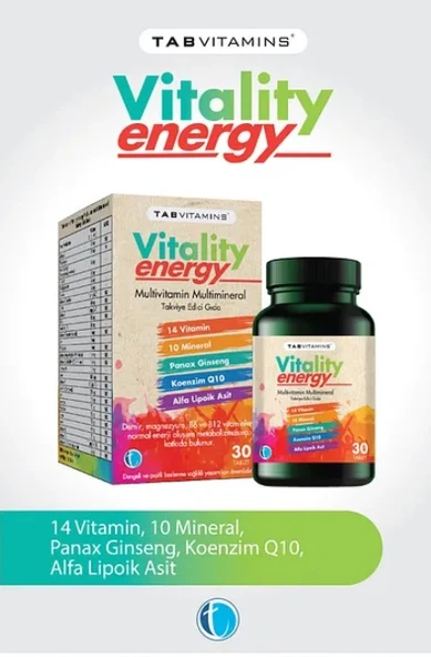 TABVITAMINS VITALITY ENERGY TABLET, MULTİVİTAMİN VE MULTİMİNERAL İÇEREN TAKVİYE EDİCİ GIDA 30 TABLET
