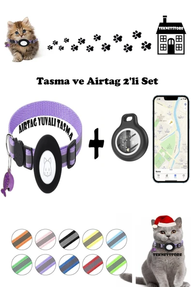 Takip Cihazı ve Airtag Yuvalı Kedi Tasması 2'li Set Ios Android Uyumlu Boyun Tasması GPS  MOR