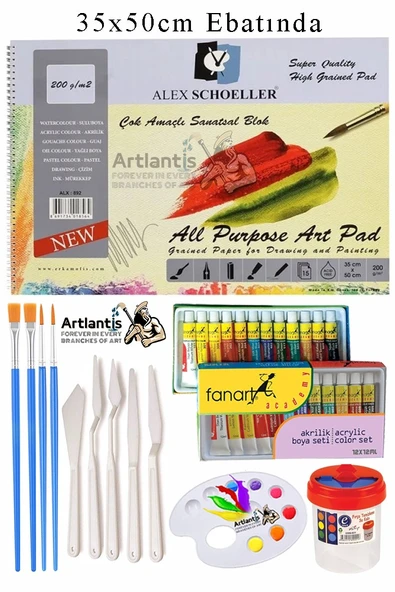 Alex Schoeller Çok Amaçlı Sanatsal Blok 35x50 200 gr 15 Yaprak Fanart 12 Renk 12 ml Akrilik Boya Plastik Spatula Fırça
