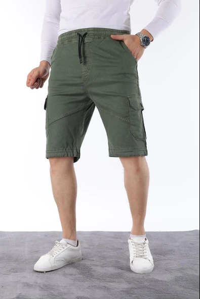 Erkek Comfort Fit Keten Bel Lastikli Cepli Kapri Şort - 4