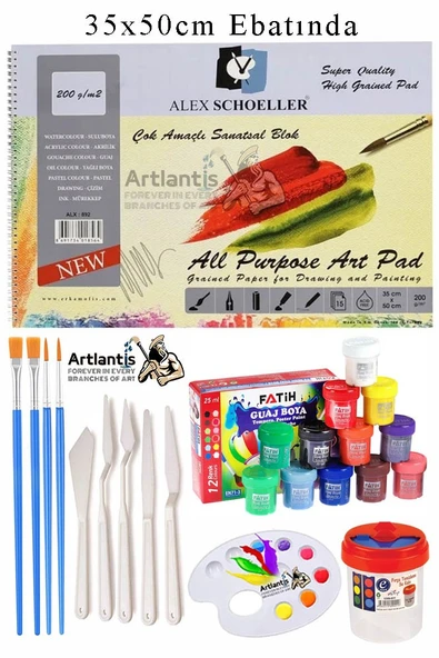 Alex Schoeller Çok Amaçlı Sanatsal Blok 35x50 200 gr 15 Yaprak Fatih 12 Renk 20 ml Guaj Boya Plastik Spatula Fırça
